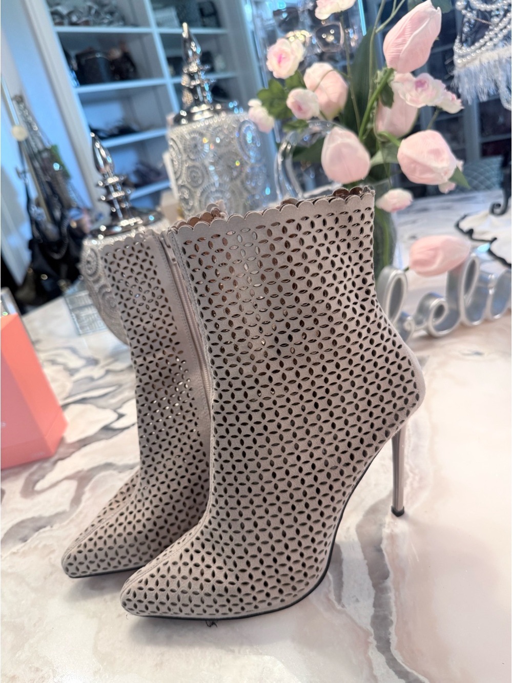 Taupe Laser-Cut Stiletto Ankle Boots - Women